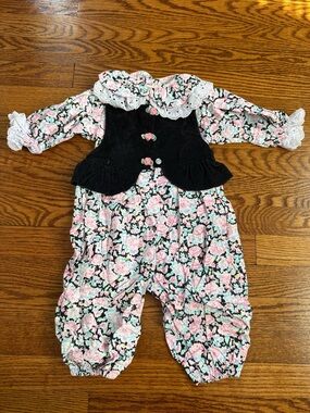 Vintage Tiny Tots Original Floral Romper Corduroy Vest Overlay 100% Cotton 12m